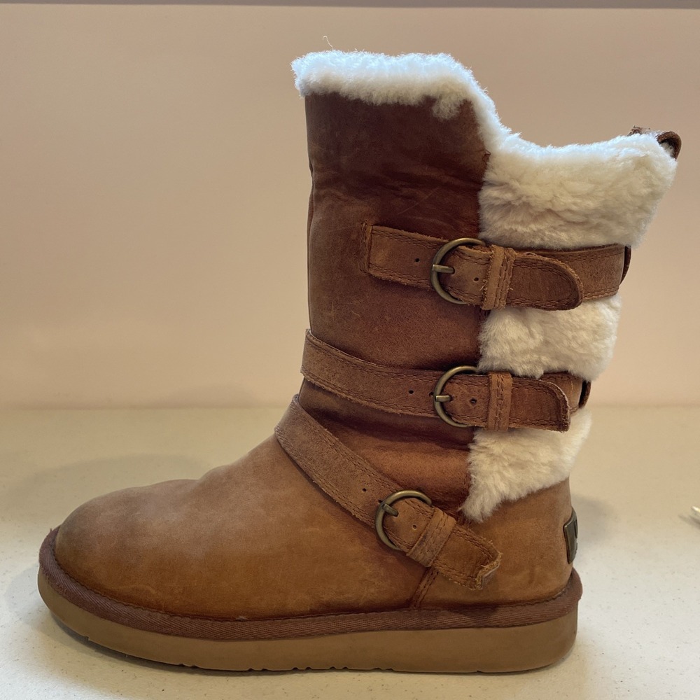 UGG Australia Beckett Boots Womens Size 7 Light Brown Suede Shearling Buckle - Picture 5 of 16